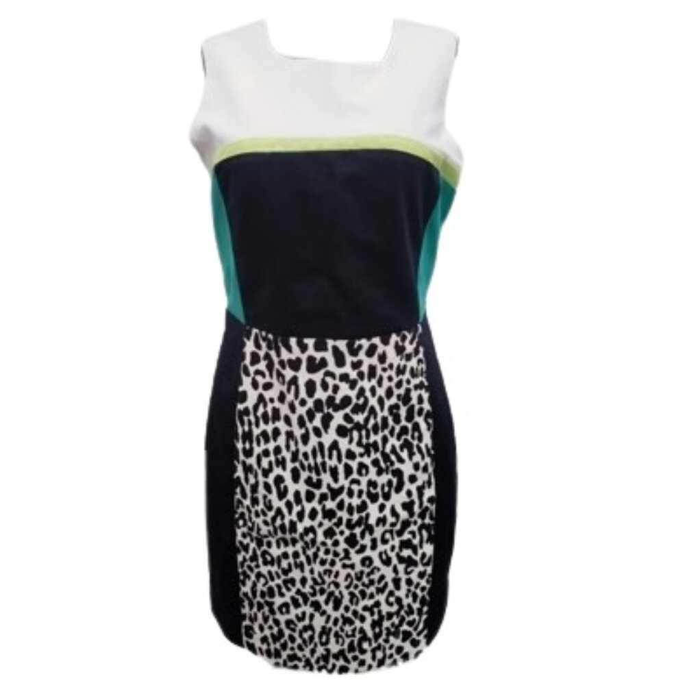 Calvin Klein Sleeveless Color Block Leopard Panel Midi Shift Dress - EUC